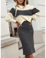 Color Block Elastic Sweater Set