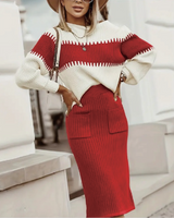 Color Block Elastic Sweater Set