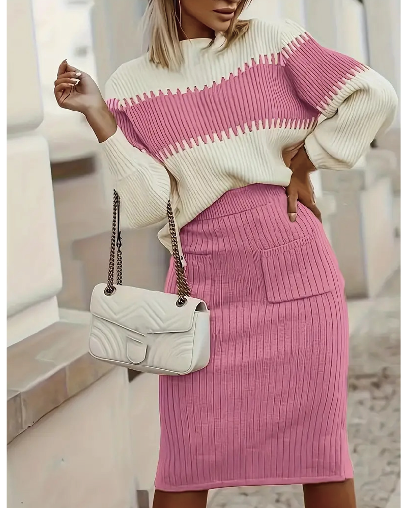 Color Block Elastic Sweater Set