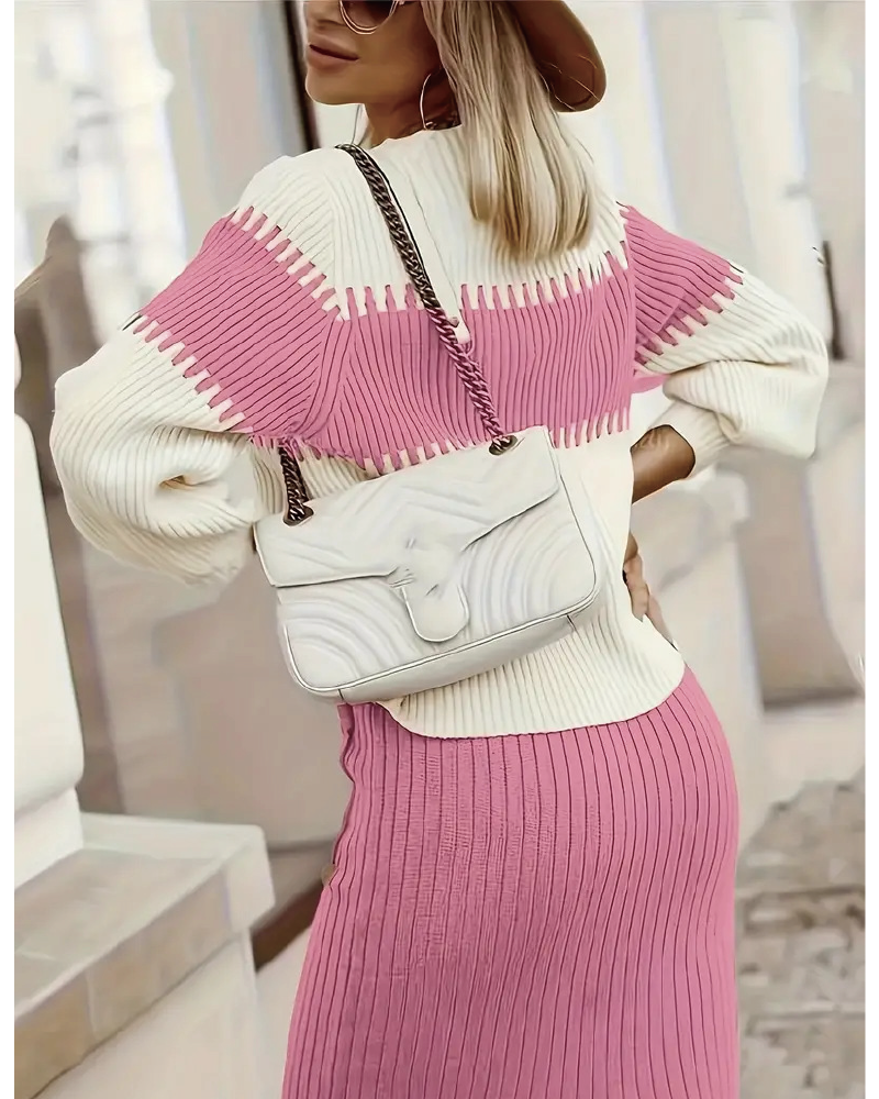 Color Block Elastic Sweater Set