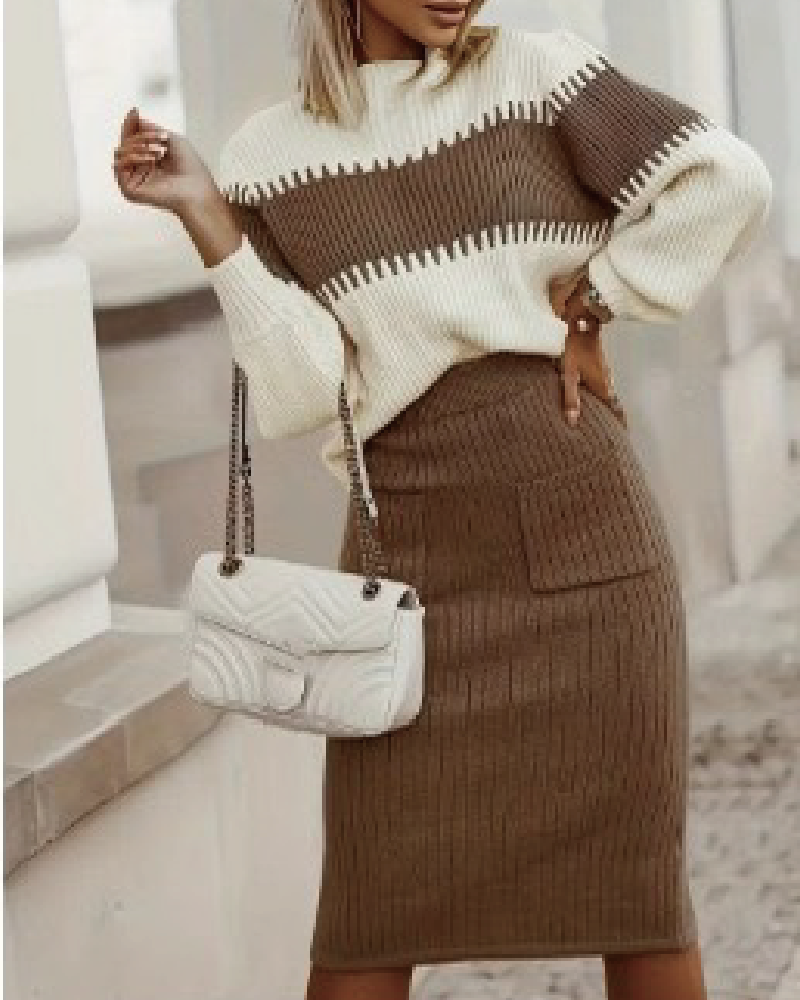 Color Block Elastic Sweater Set