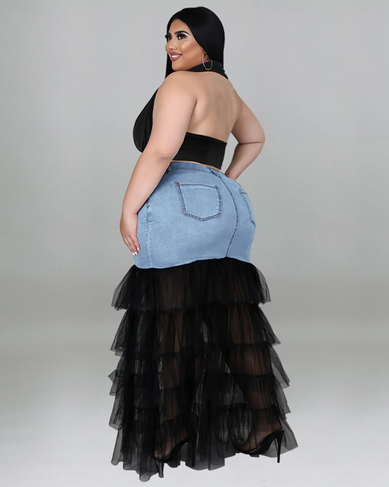 LAYERED TULLE DENIM MAXI SKIRT