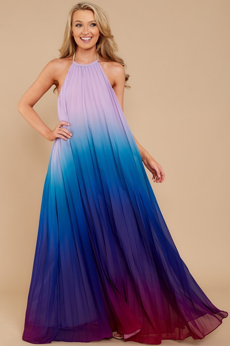 Ombre Sunset Pleated Maxi Dress