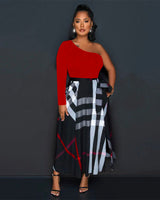 One Shoulder Plaid Skirt Midi Dress