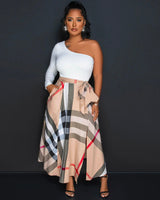 One Shoulder Plaid Skirt Midi Dress