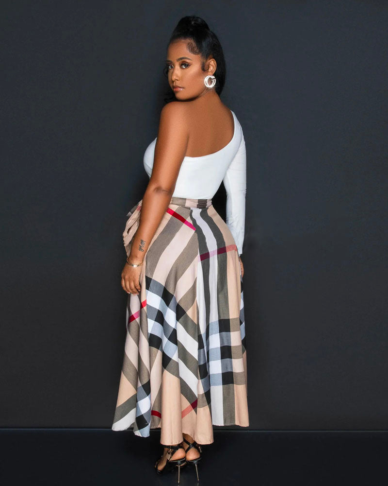 One Shoulder Plaid Skirt Midi Dress