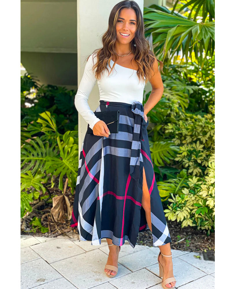 One Shoulder Plaid Skirt Midi Dress