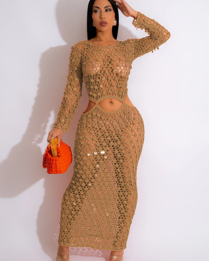 NET AND SEQUINS MAXI DRESS